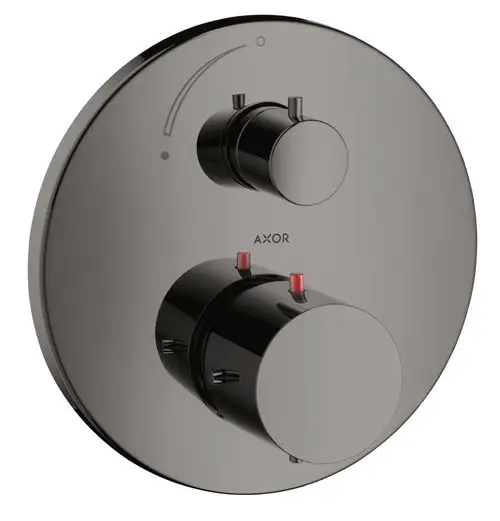 Thermostat mit zwei Drehknöpfen und roten Markierungen, montiert auf runder Platte. Design von AXOR, in glänzendem Schwarzchrom.